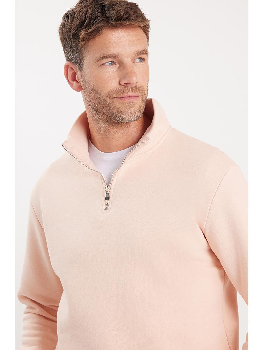 Pembe Unisex Relax Fit Rahat Kesim Pamuklu İçi Polarlı Yarım Fermuarlı Somon Dik Yaka Sweatshirt-3