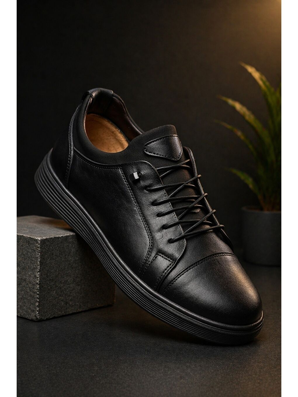 Siyah JUNO Hakiki Deri Bağcıklı Erkek Günlük Spor Ayakkabı-2