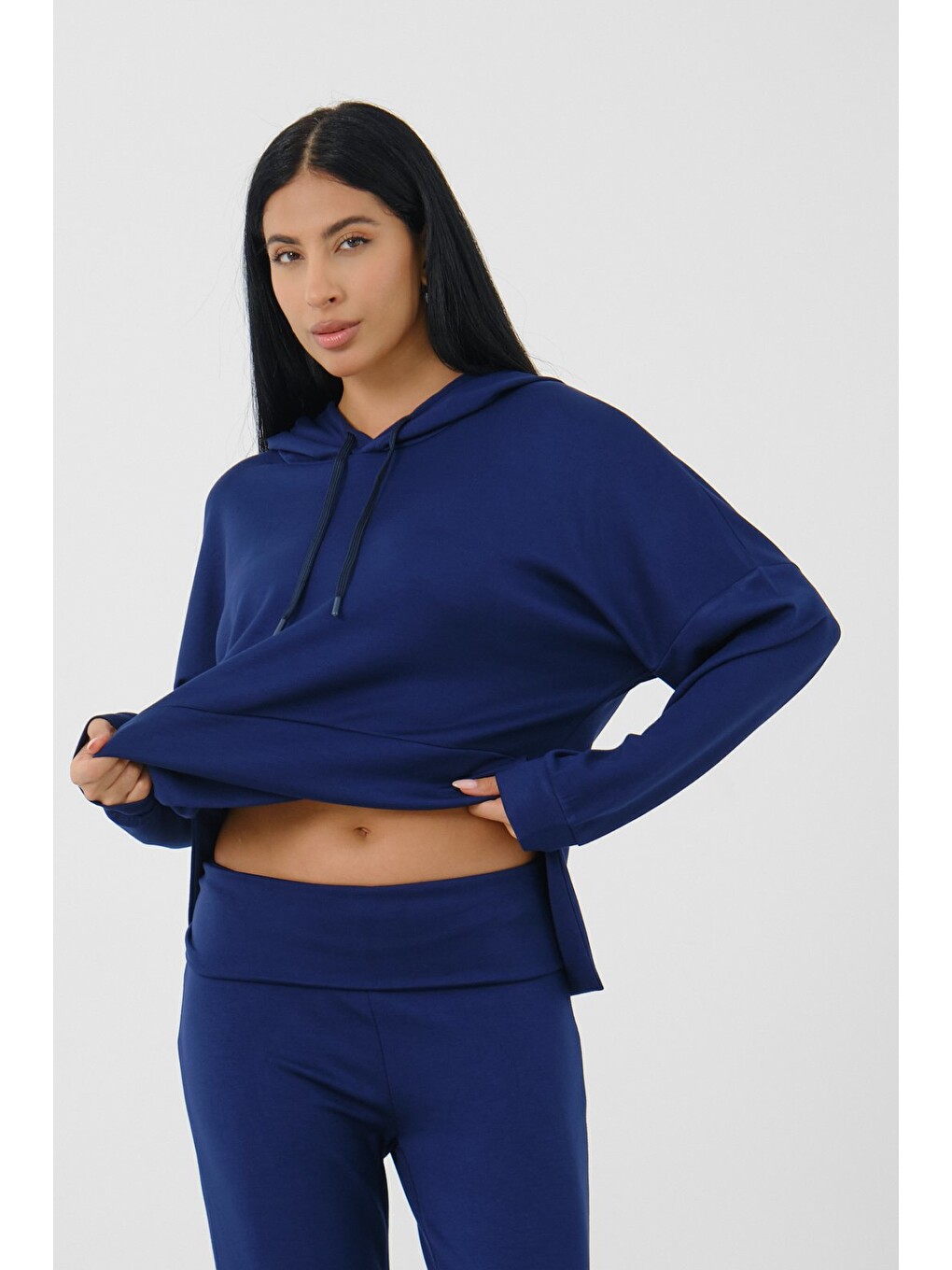 Lacivert Kadın Kapüşonlu Salaş Takım Oversize Sweat ve Geniş Paça Alt-5