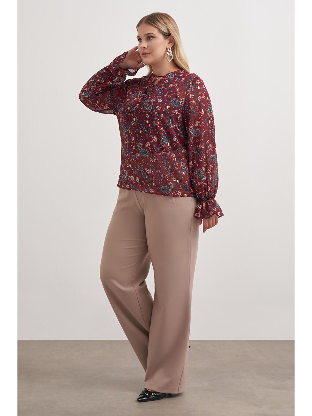 Bordo Önü Bağcıklı Şifon Bluz-3