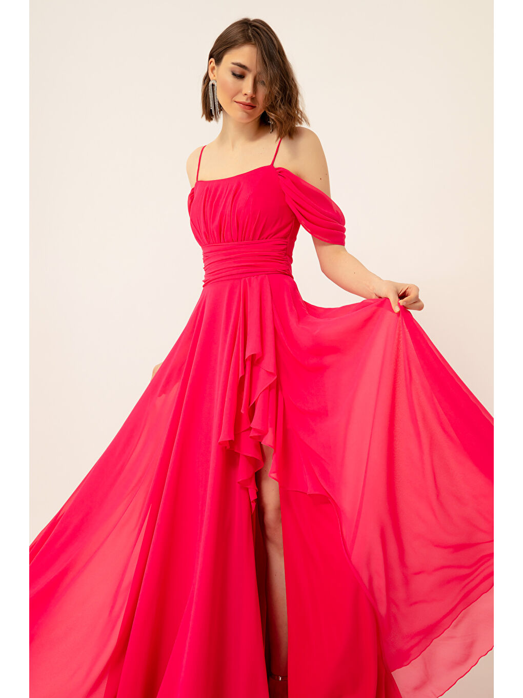 Kadın Fuşya Kayık Yaka Şifon Abiye Elbise