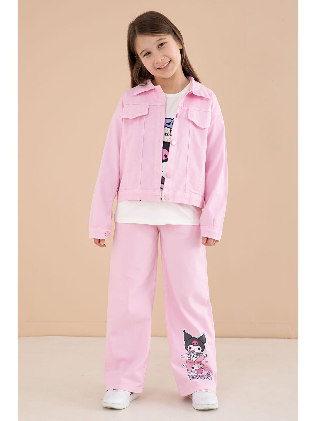 Açık Pembe Cep Detaylı Ceketli Baskılı Tişörtlü Kız Çocuk 3lü Pantolonlu Takım 23592