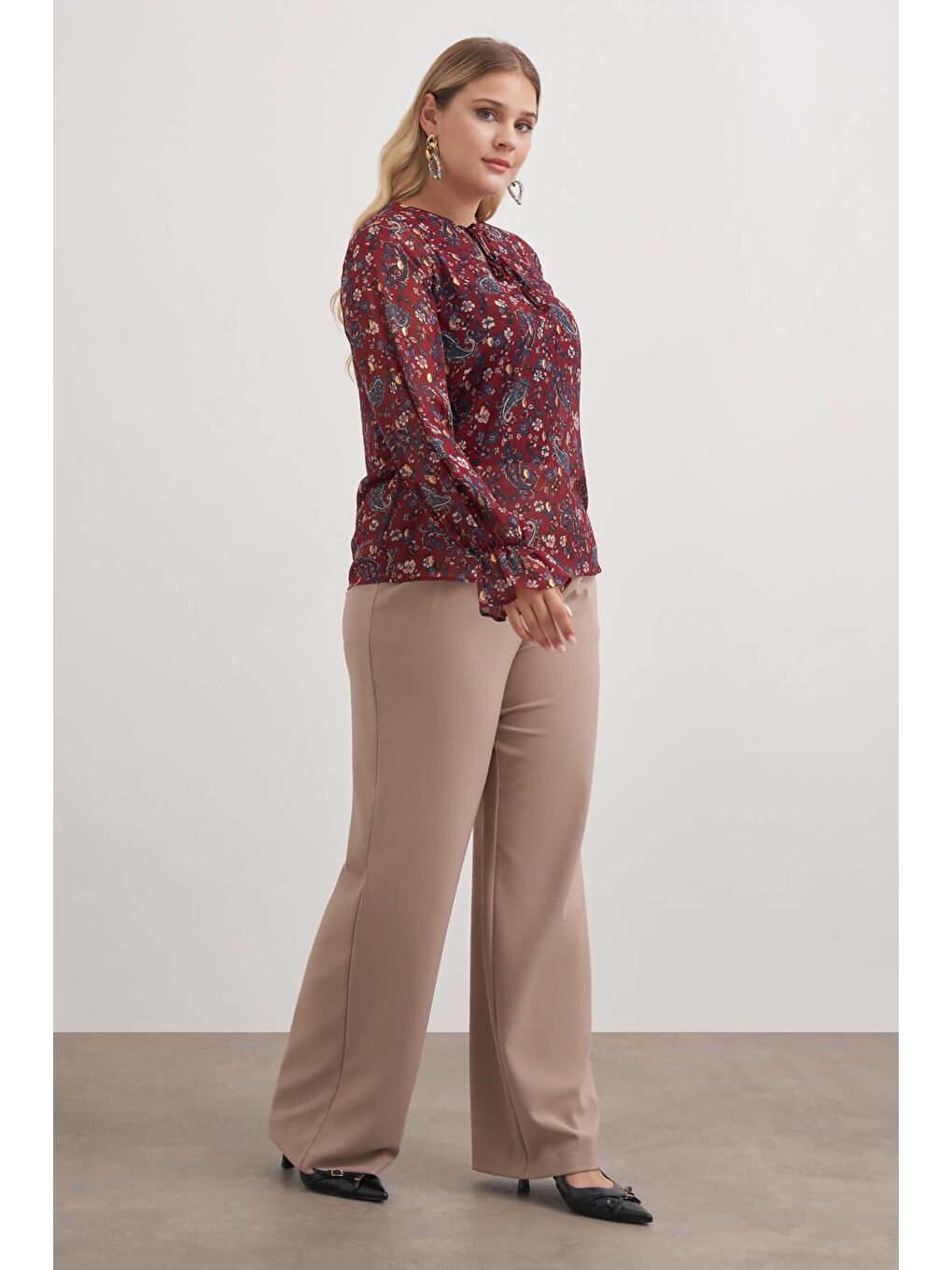 Bordo Önü Bağcıklı Şifon Bluz-4