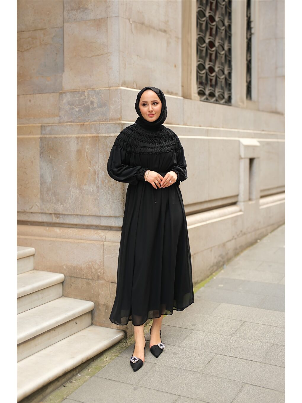 Kadın Üstü Lastikli Şifon Elbise Siyah-2