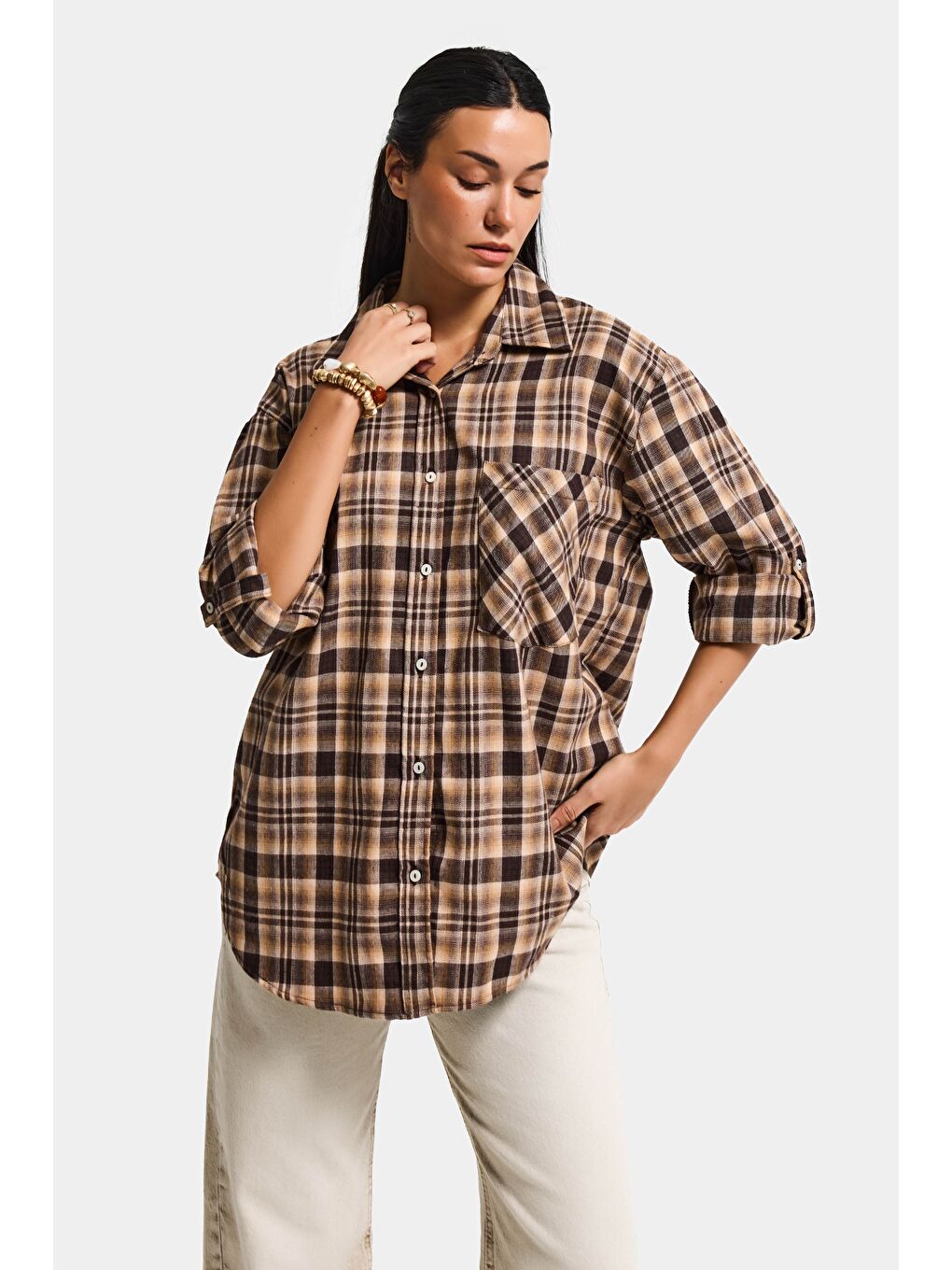 Kahverengi Kadın Kahve Ekose s6-10 Oversize Bol Kesim Pamuk Gömlek-3