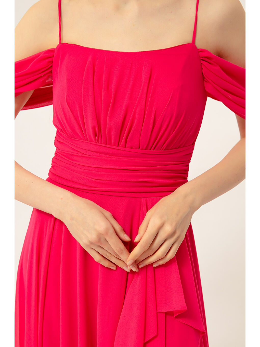 Kadın Fuşya Kayık Yaka Şifon Abiye Elbise-1