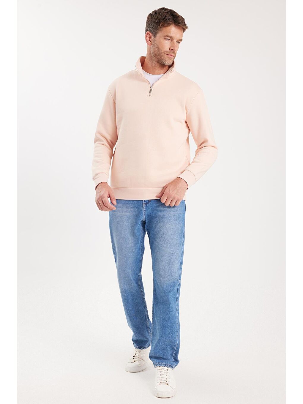 Pembe Unisex Relax Fit Rahat Kesim Pamuklu İçi Polarlı Yarım Fermuarlı Somon Dik Yaka Sweatshirt-4