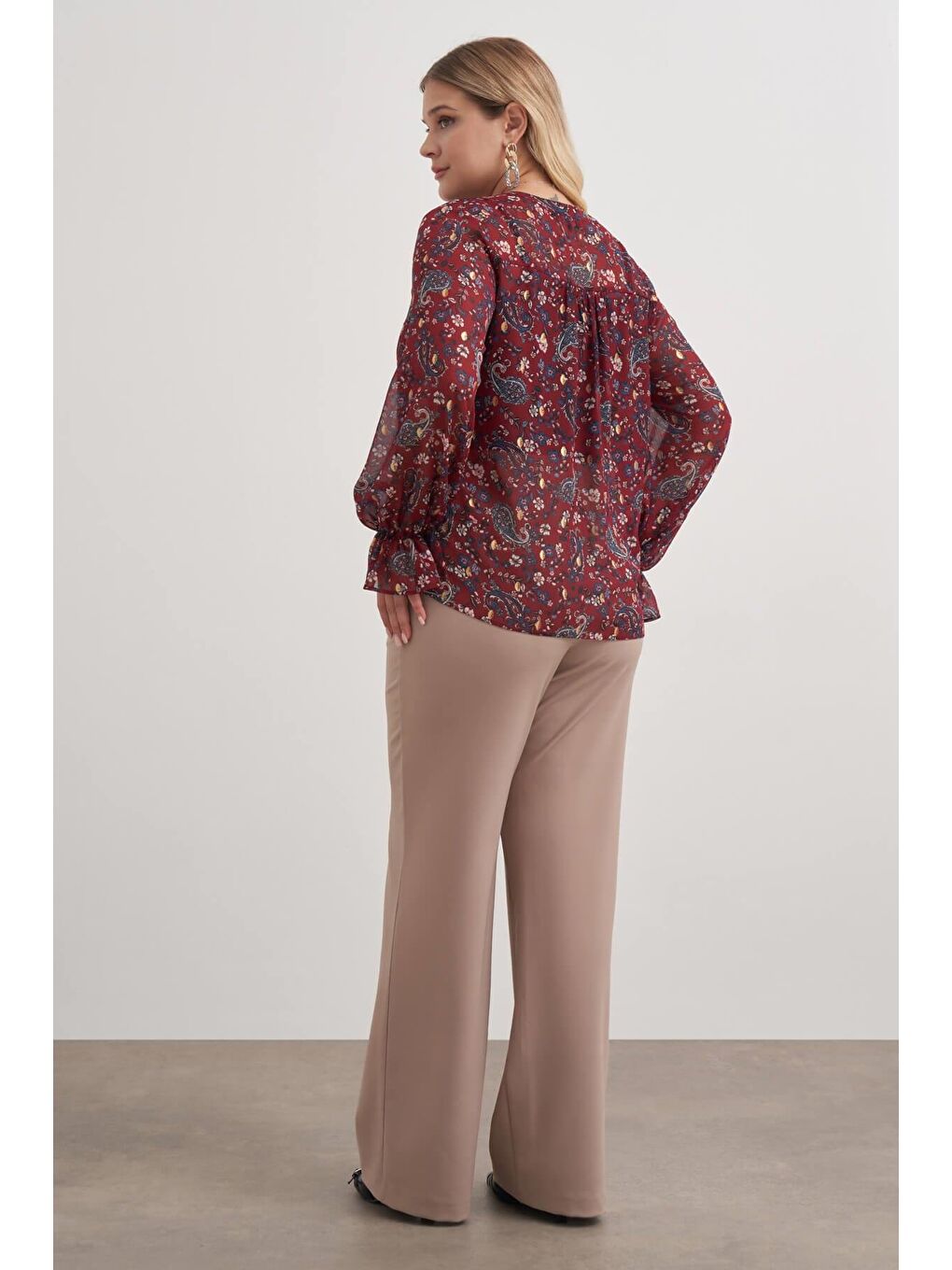 Bordo Önü Bağcıklı Şifon Bluz-5