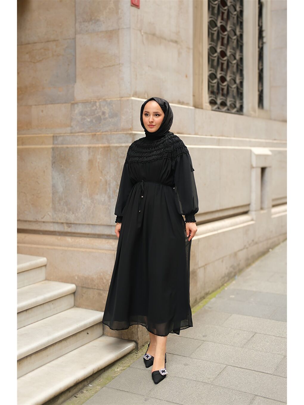 Kadın Üstü Lastikli Şifon Elbise Siyah-3