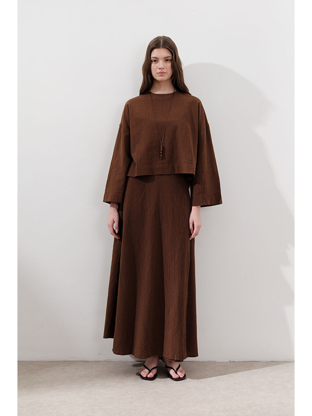 Pamuklu Geniş Kol Crop Bluz Kahverengi-4