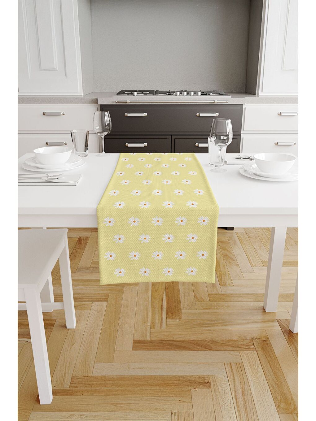 Daisy Sarı Zeminli Papatya Desenli Runner – Turuncu Orta Detaylı Beyaz Çiçekler 40x140 cm