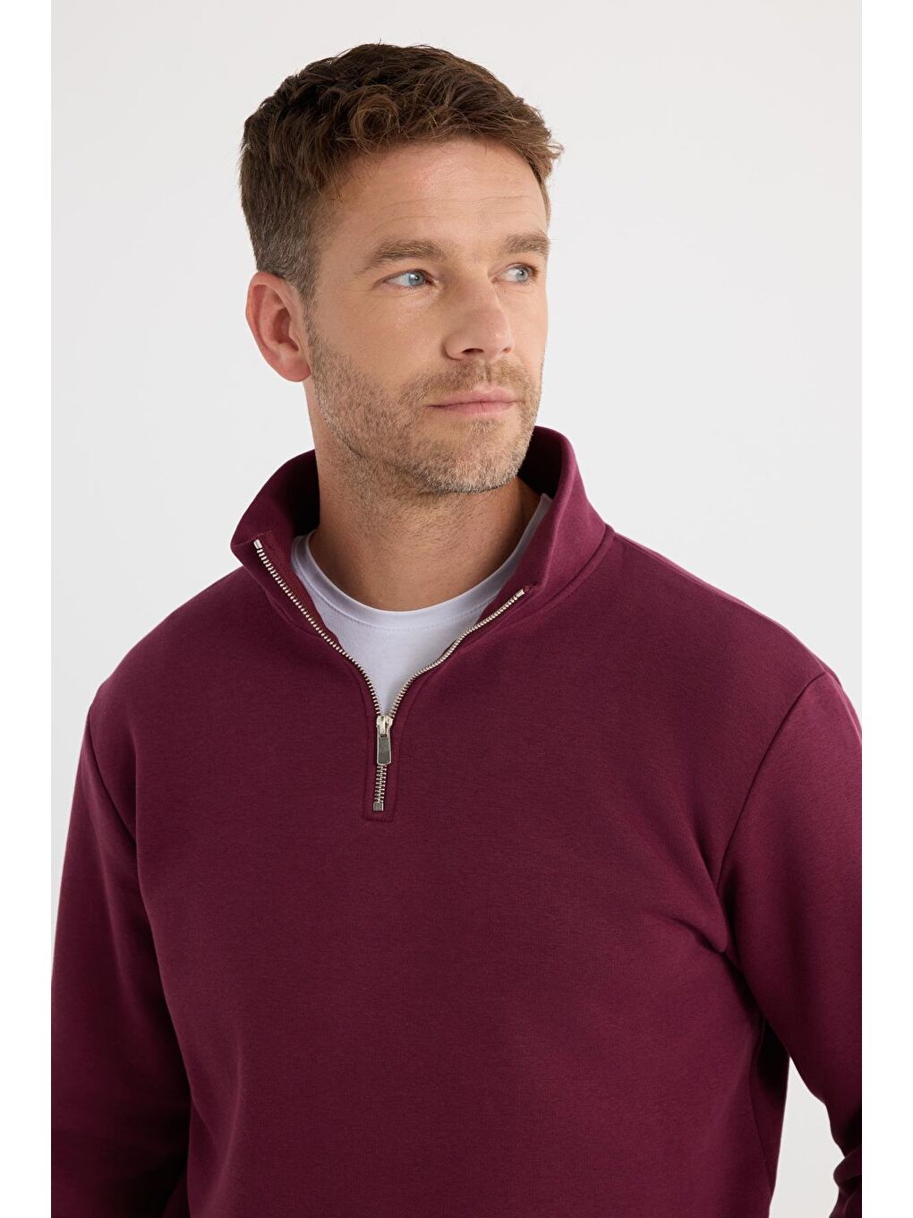 Unisex Relax Fit Rahat Kesim Pamuklu İçi Polarlı Yarım Fermuarlı Bordo Dik Yaka Sweatshirt-1
