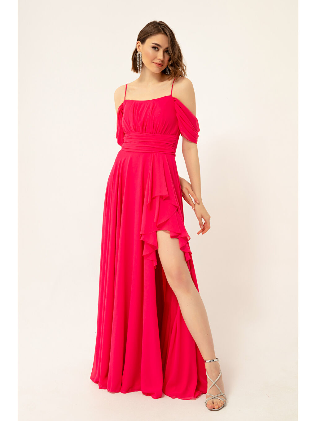 Kadın Fuşya Kayık Yaka Şifon Abiye Elbise-3