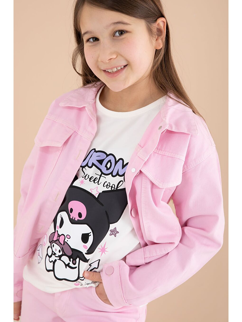 Açık Pembe Cep Detaylı Ceketli Baskılı Tişörtlü Kız Çocuk 3lü Pantolonlu Takım 23592-1