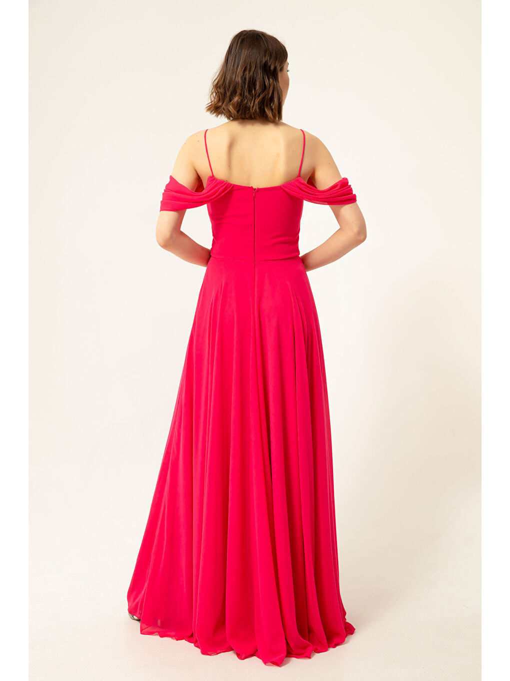 Kadın Fuşya Kayık Yaka Şifon Abiye Elbise-4