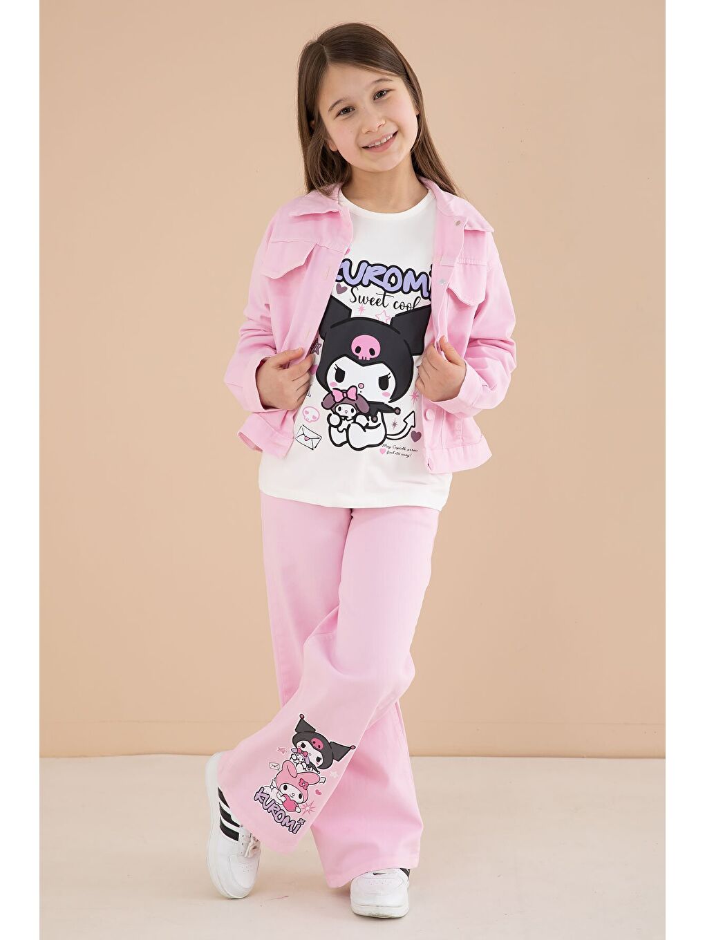 Açık Pembe Cep Detaylı Ceketli Baskılı Tişörtlü Kız Çocuk 3lü Pantolonlu Takım 23592-2