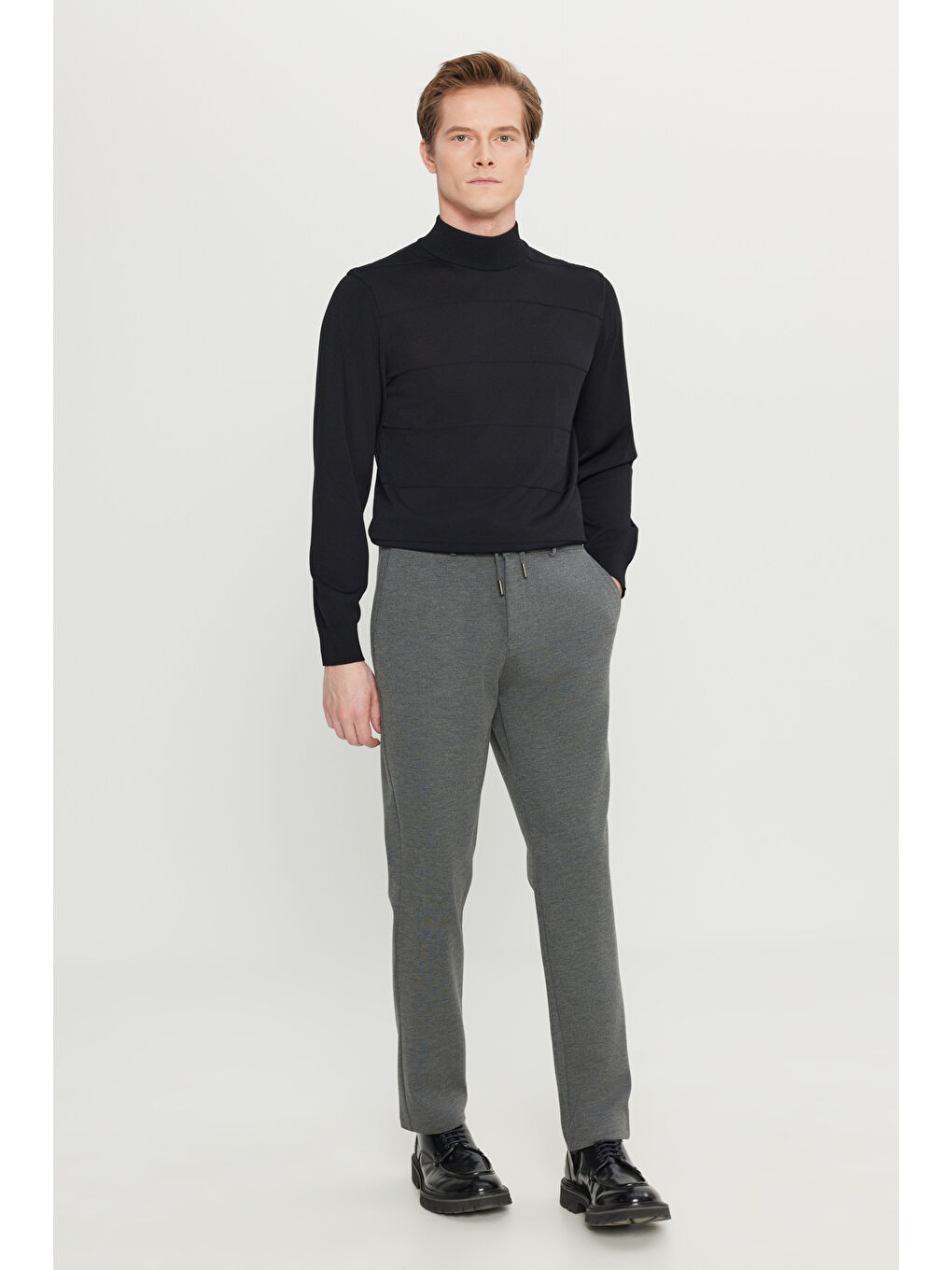 Erkek Gri Melanj Jogger Slim Fit Dar Kesim Yan Cepli Beli Bağlamalı Casual Pantolon-2