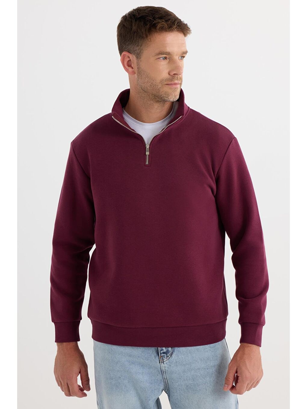 Unisex Relax Fit Rahat Kesim Pamuklu İçi Polarlı Yarım Fermuarlı Bordo Dik Yaka Sweatshirt-3