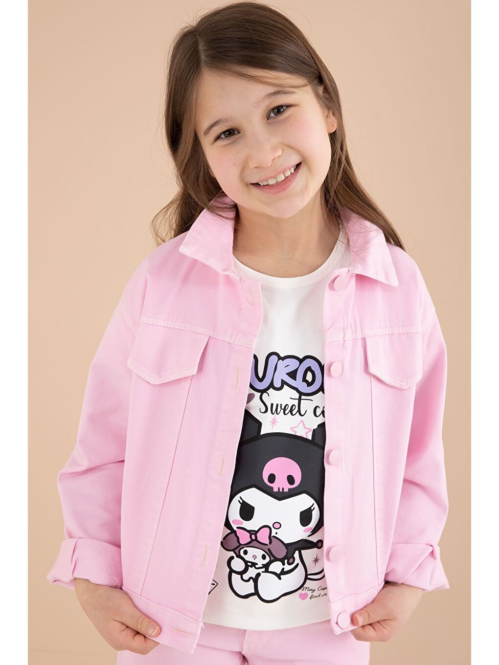 Açık Pembe Cep Detaylı Ceketli Baskılı Tişörtlü Kız Çocuk 3lü Pantolonlu Takım 23592-3