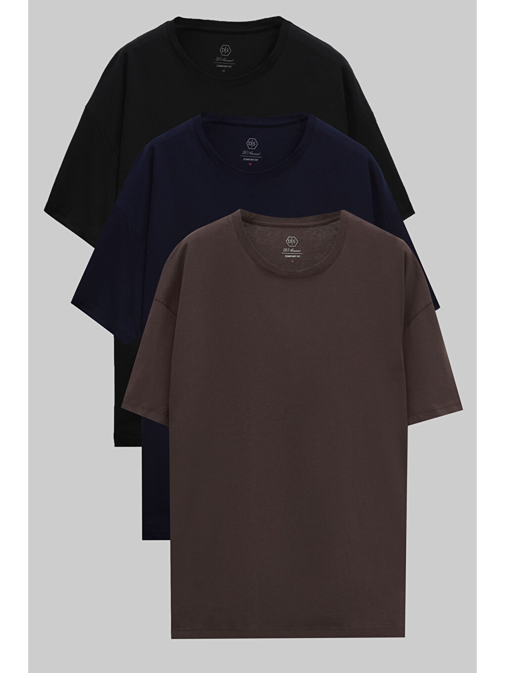 Karışık Comfort Siyah/Lacivert/Kahverengi 3'Lü Bol Kesim %100 Pamuk T-Shirt