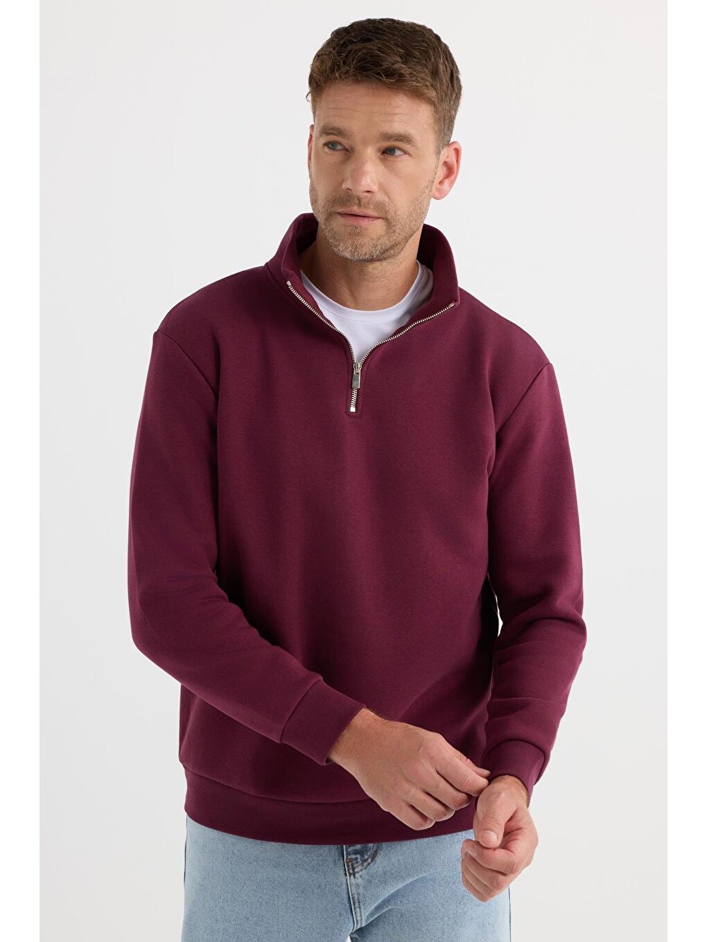 Unisex Relax Fit Rahat Kesim Pamuklu İçi Polarlı Yarım Fermuarlı Bordo Dik Yaka Sweatshirt-4