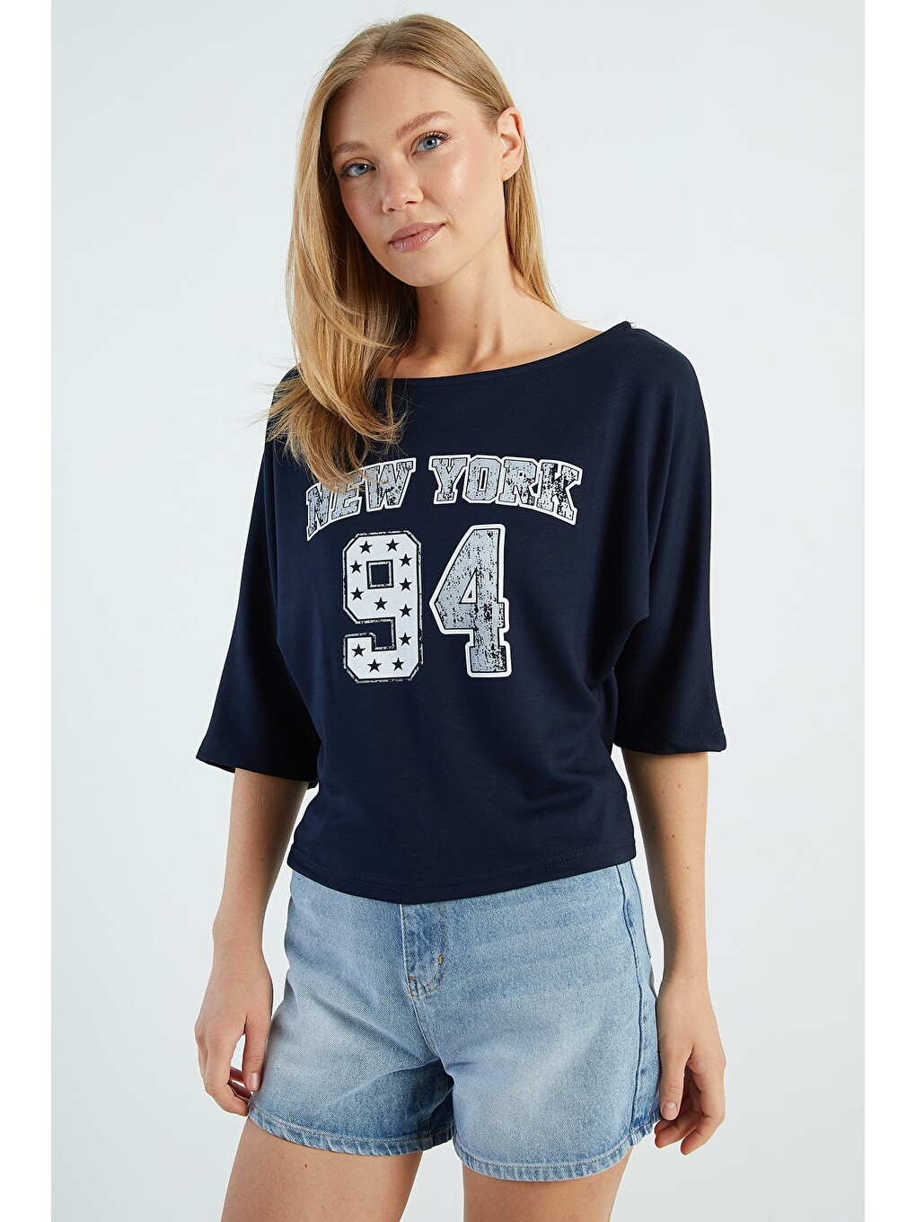 Lacivert New York Baskılı Yarasa Kol Bluz-3