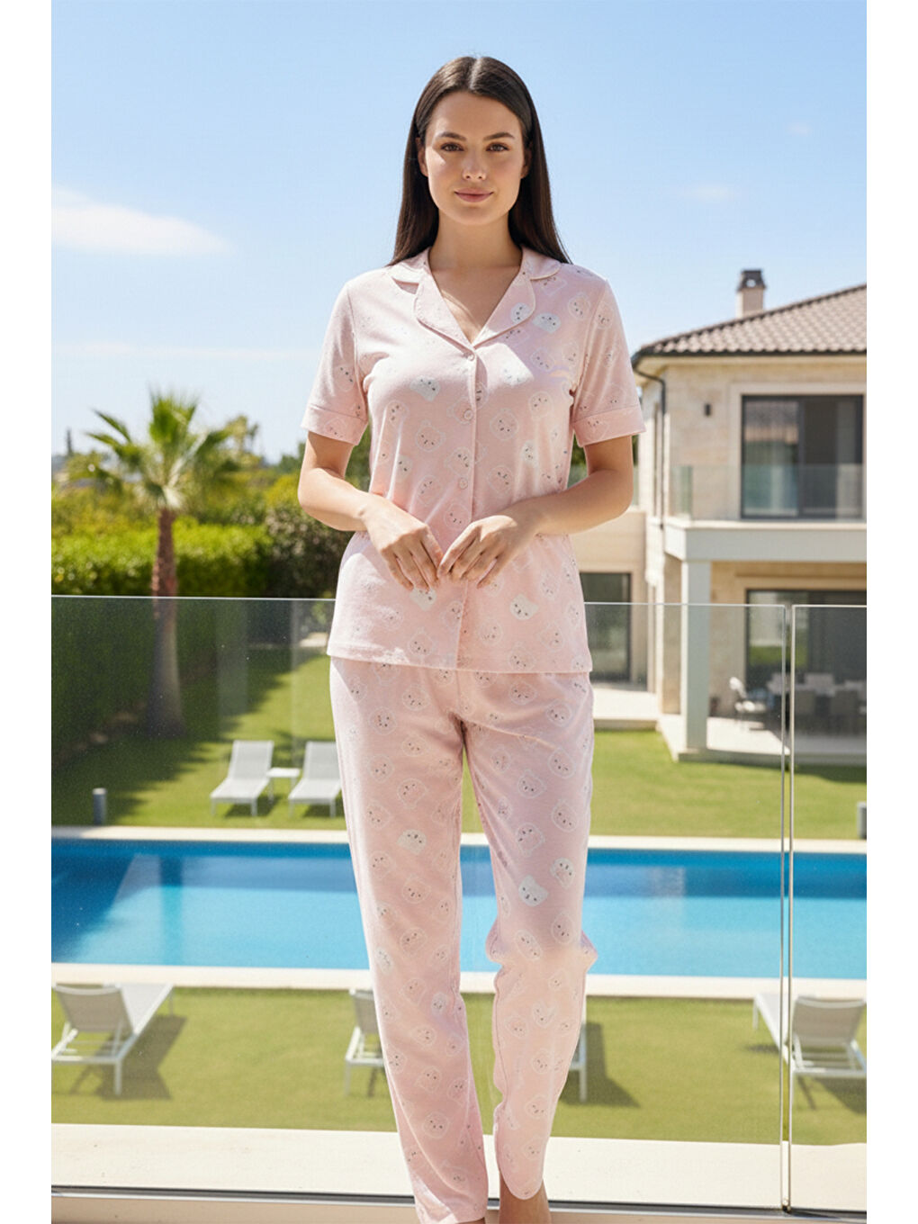 Pembe Kadın Desenli Kısa Kol Suprem Pijama Takımı 0274 Pudra01-1