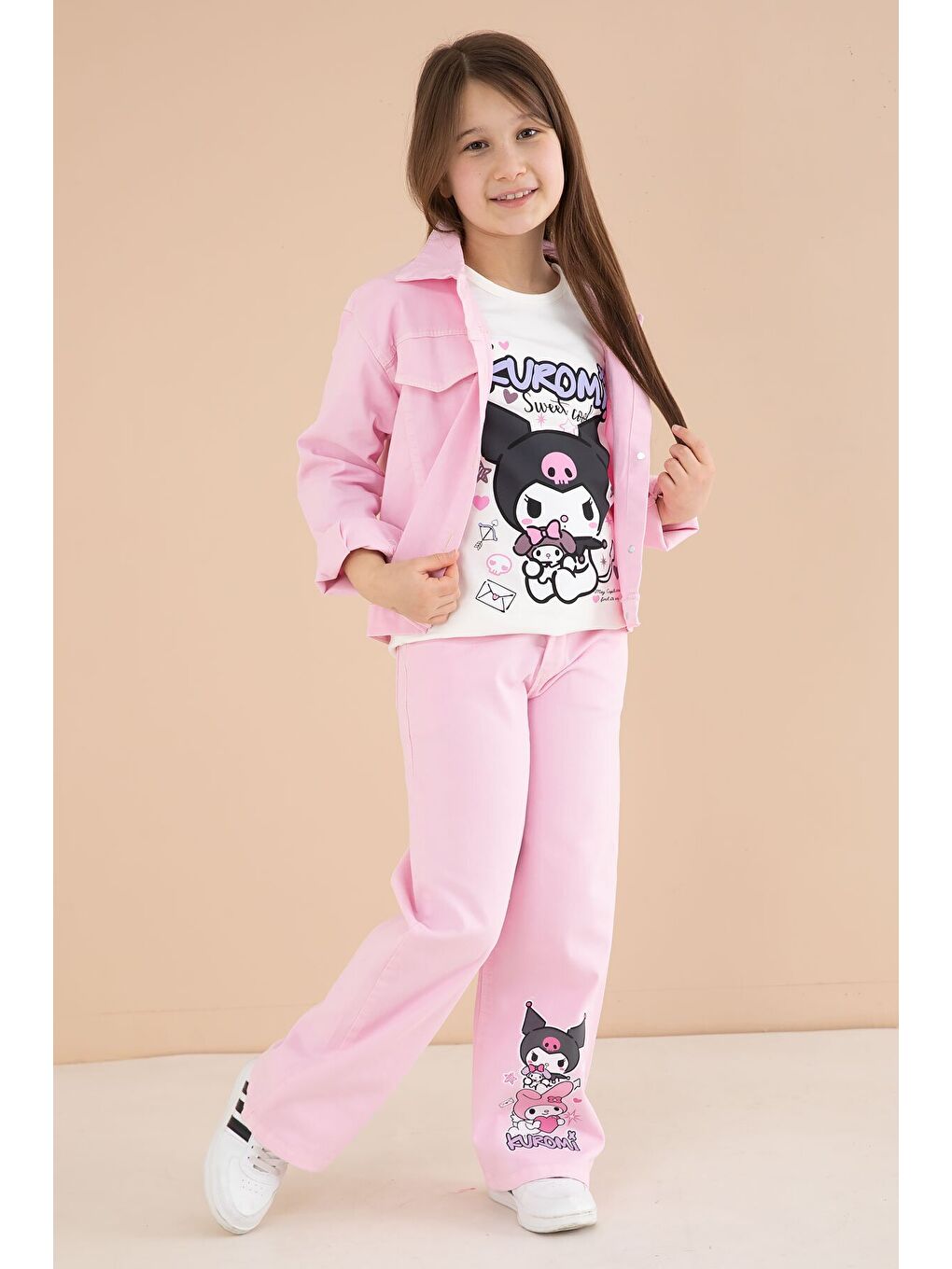 Açık Pembe Cep Detaylı Ceketli Baskılı Tişörtlü Kız Çocuk 3lü Pantolonlu Takım 23592-4