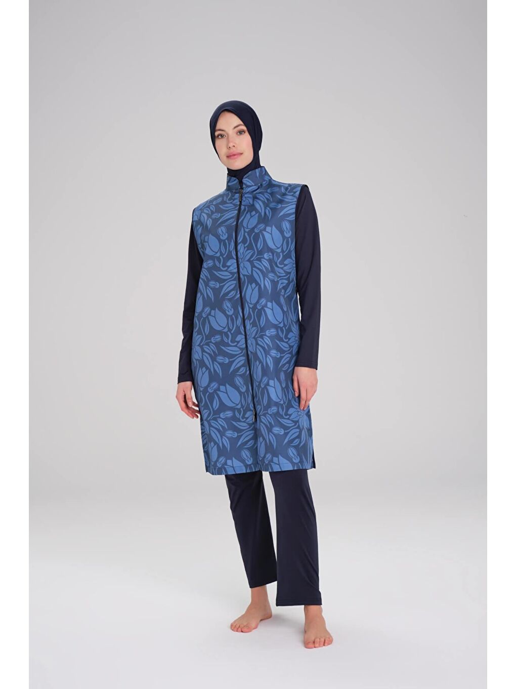 Nehar Desenli Lacivert Mavi Jileli 3 Parça Tam Tesettür Mayo Takımı 2266