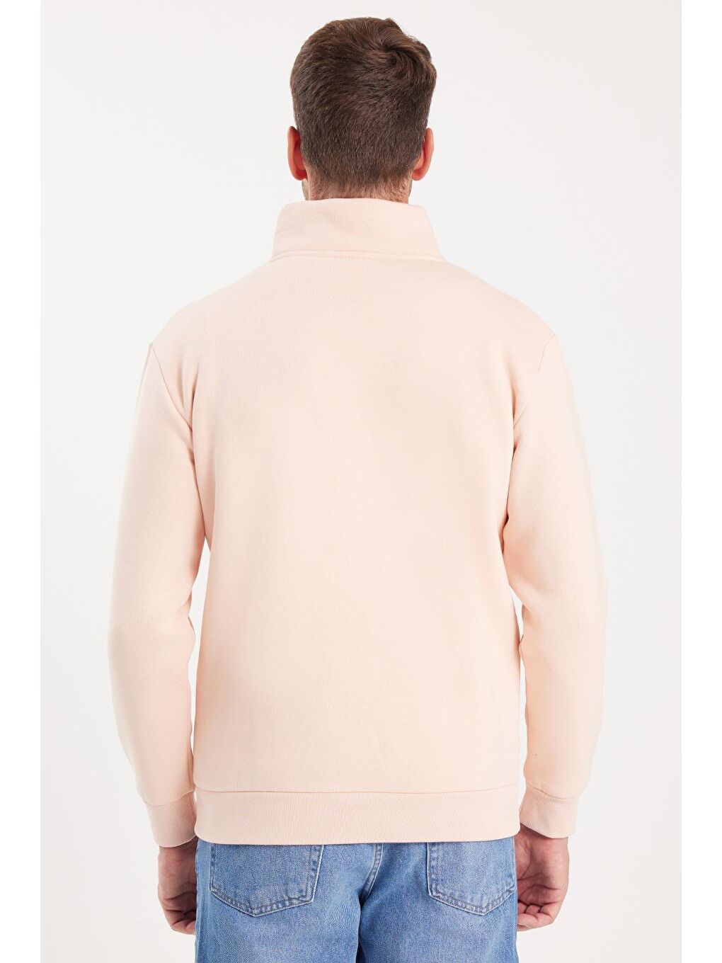 Pembe Unisex Relax Fit Rahat Kesim Pamuklu İçi Polarlı Yarım Fermuarlı Somon Dik Yaka Sweatshirt-6