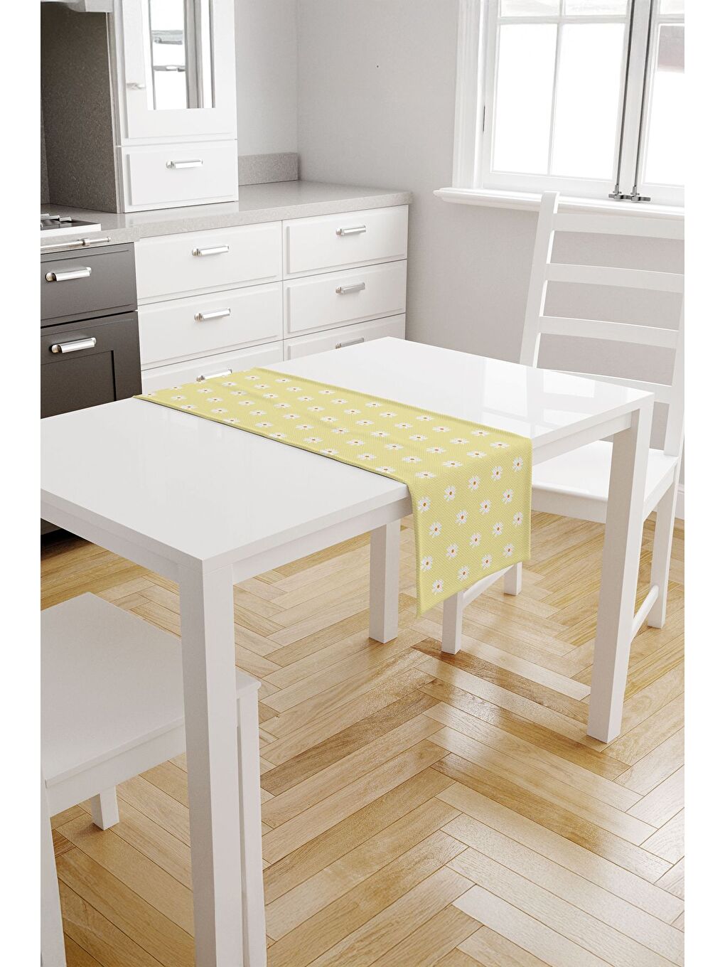 Daisy Sarı Zeminli Papatya Desenli Runner – Turuncu Orta Detaylı Beyaz Çiçekler 40x140 cm-1
