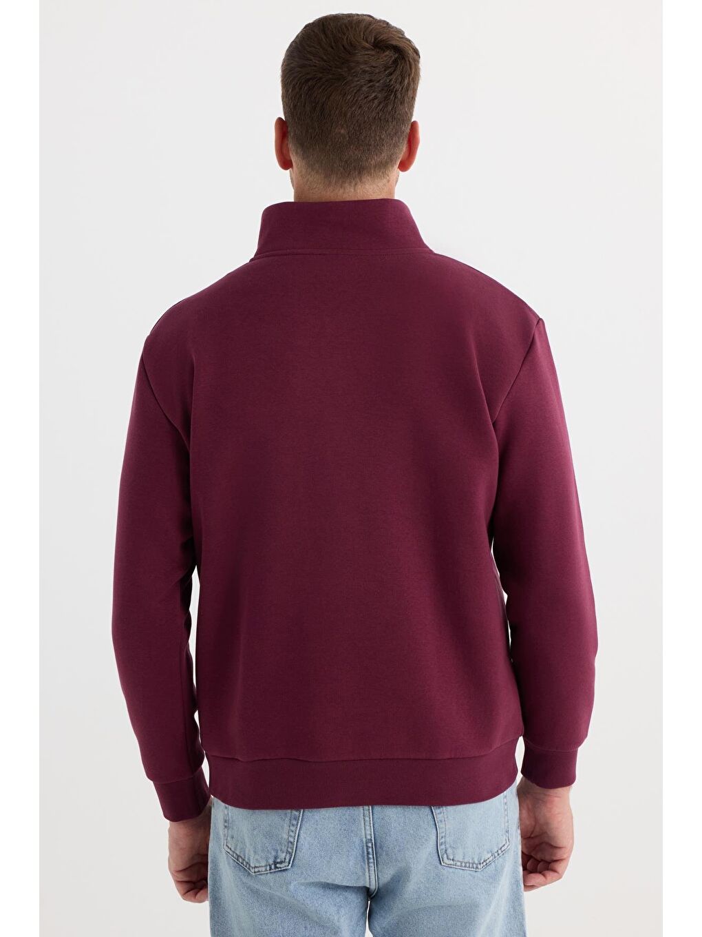 Unisex Relax Fit Rahat Kesim Pamuklu İçi Polarlı Yarım Fermuarlı Bordo Dik Yaka Sweatshirt-6
