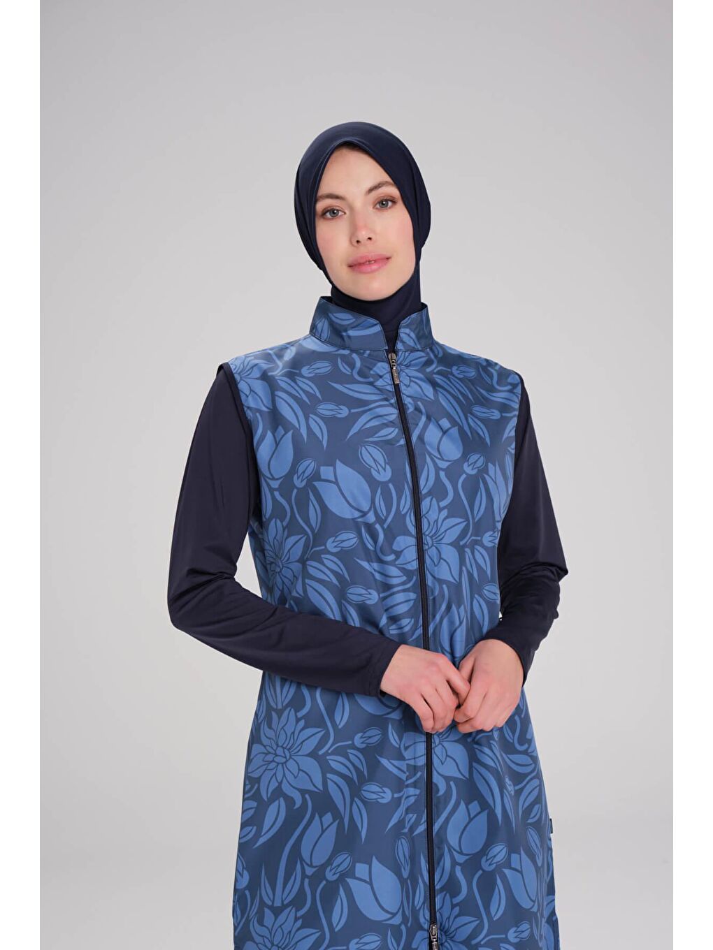 Nehar Desenli Lacivert Mavi Jileli 3 Parça Tam Tesettür Mayo Takımı 2266-1