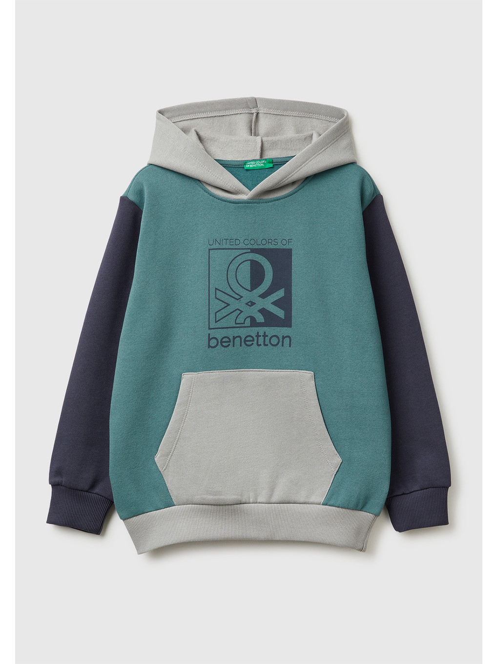 Erkek Çocuk Koyu Yeşil-gri Önü Logo Baskılı Cepli Nervürlü Kapüşonlu Sweatshirt