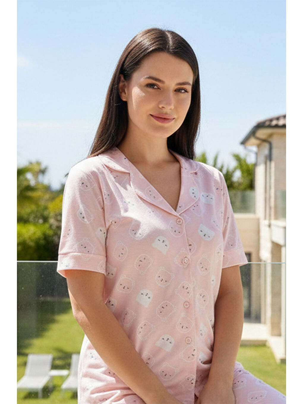 Pembe Kadın Desenli Kısa Kol Suprem Pijama Takımı 0274 Pudra01-2