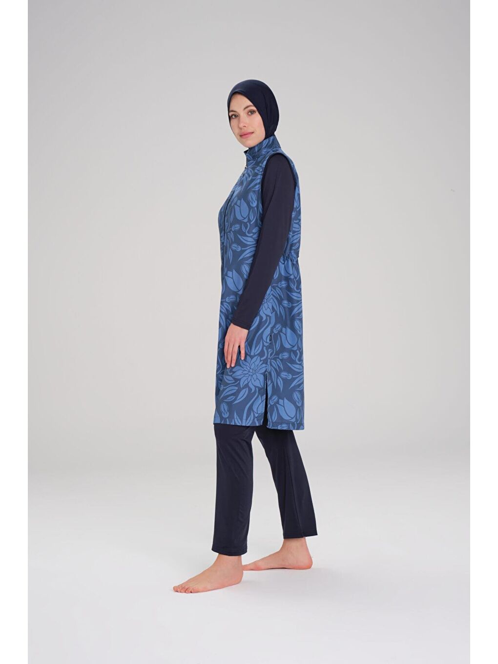 Nehar Desenli Lacivert Mavi Jileli 3 Parça Tam Tesettür Mayo Takımı 2266-2