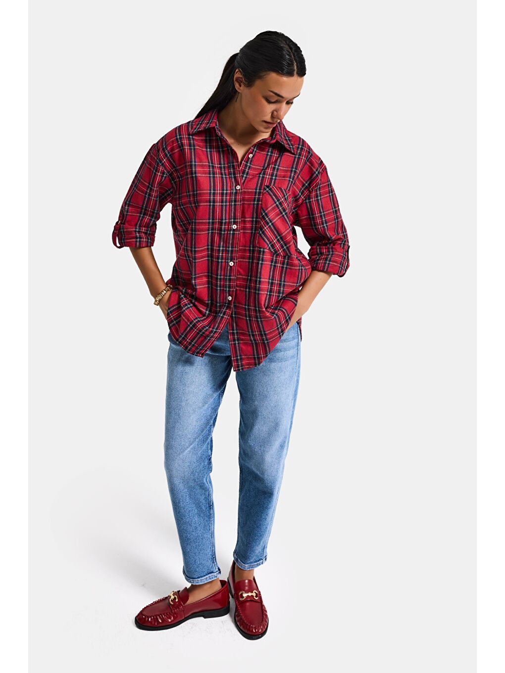 Kadın Kırmızı Ekose s6-11 Oversize Bol Kesim Pamuk Gömlek-1