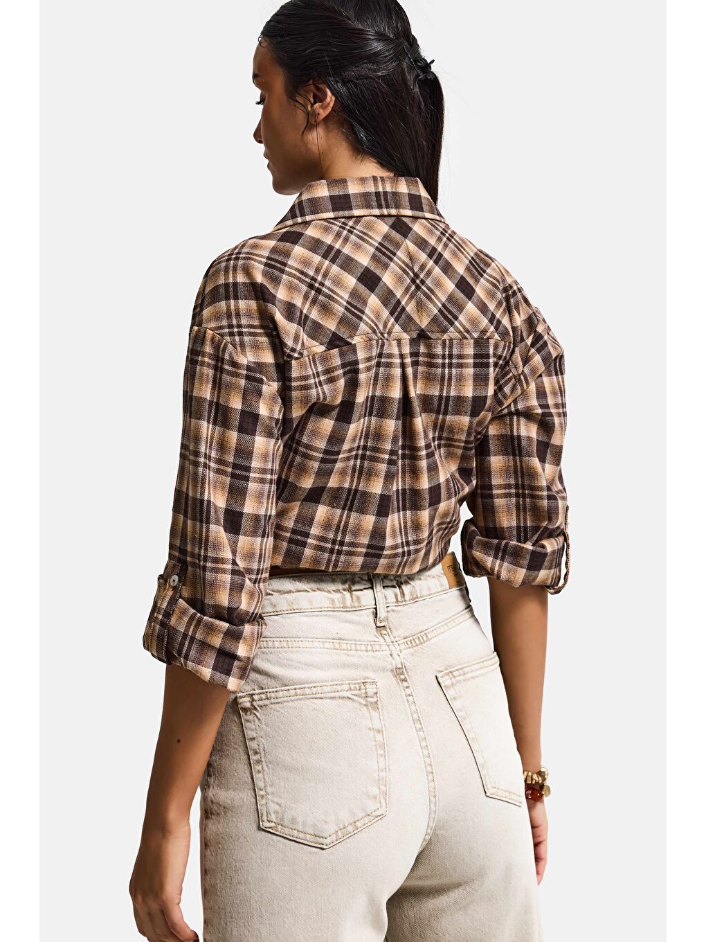 Kahverengi Kadın Kahve Ekose s6-10 Oversize Bol Kesim Pamuk Gömlek-5