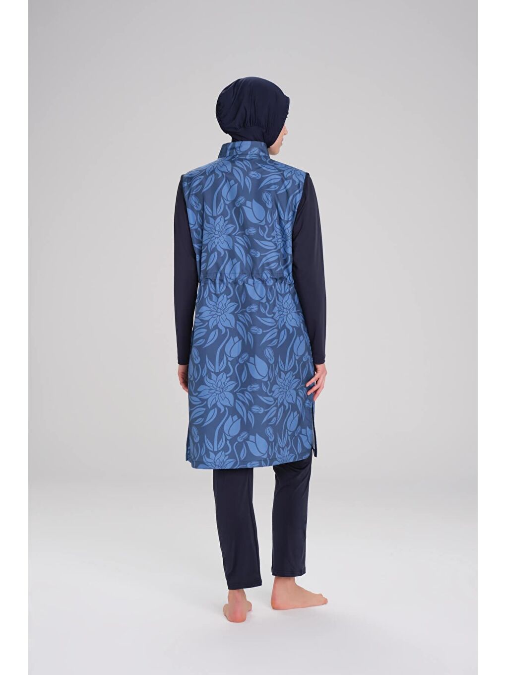 Nehar Desenli Lacivert Mavi Jileli 3 Parça Tam Tesettür Mayo Takımı 2266-3