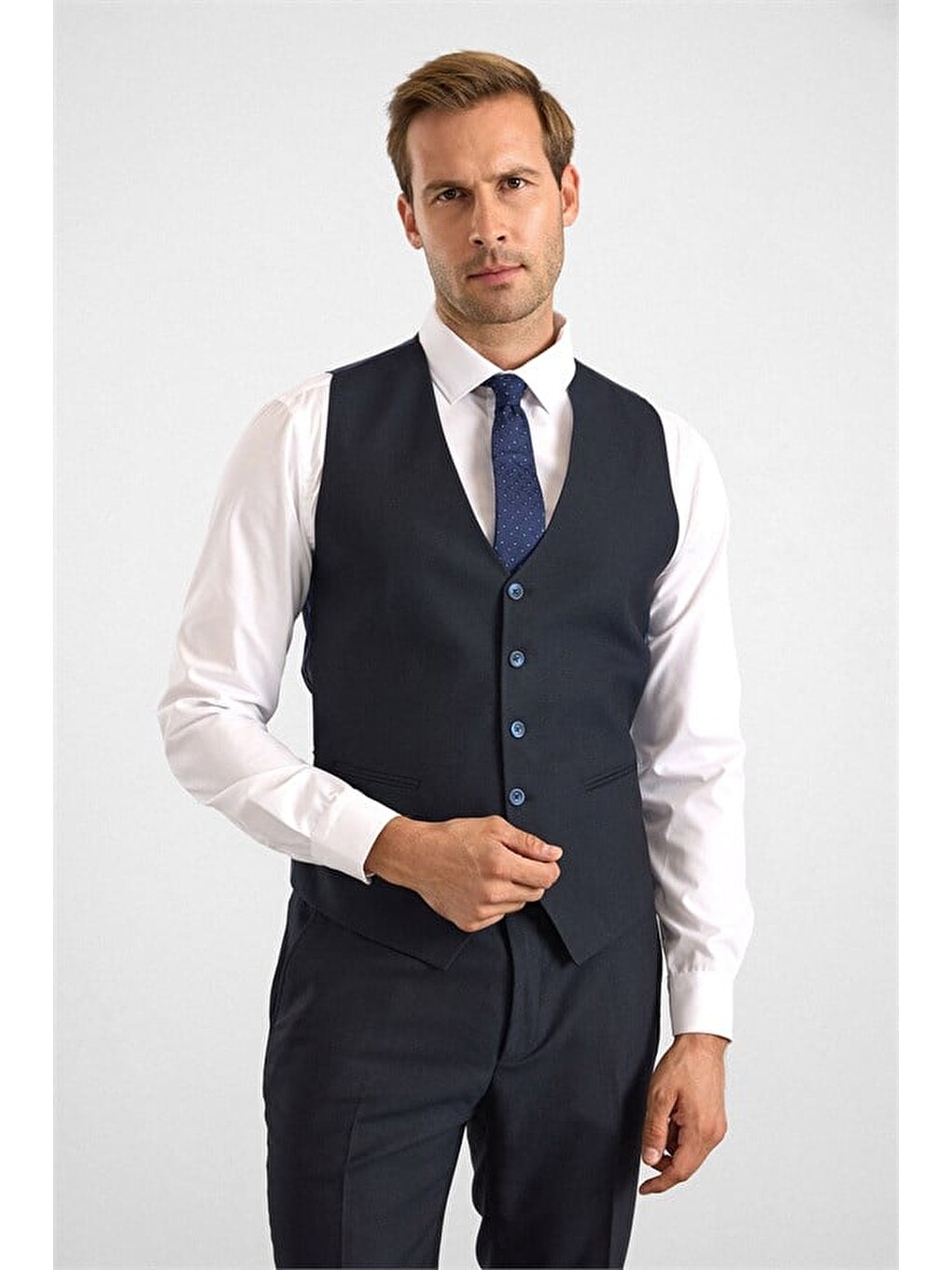 Lacivert Slim Sivri Yaka 6 Drop Yelekli Takım Elbise-5