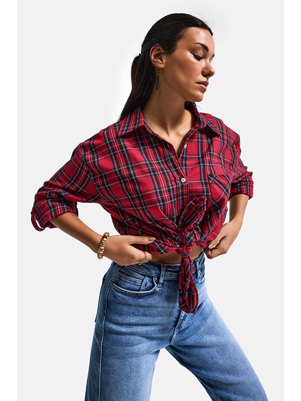 Kadın Kırmızı Ekose s6-11 Oversize Bol Kesim Pamuk Gömlek-2