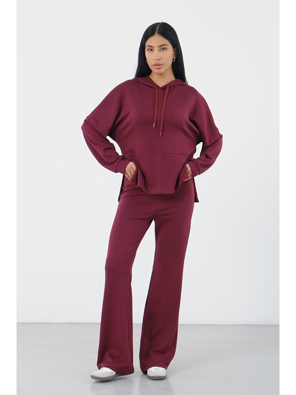 Bordo Kadın Kapüşonlu Salaş Takım Oversize Sweat ve Geniş Paça Alt