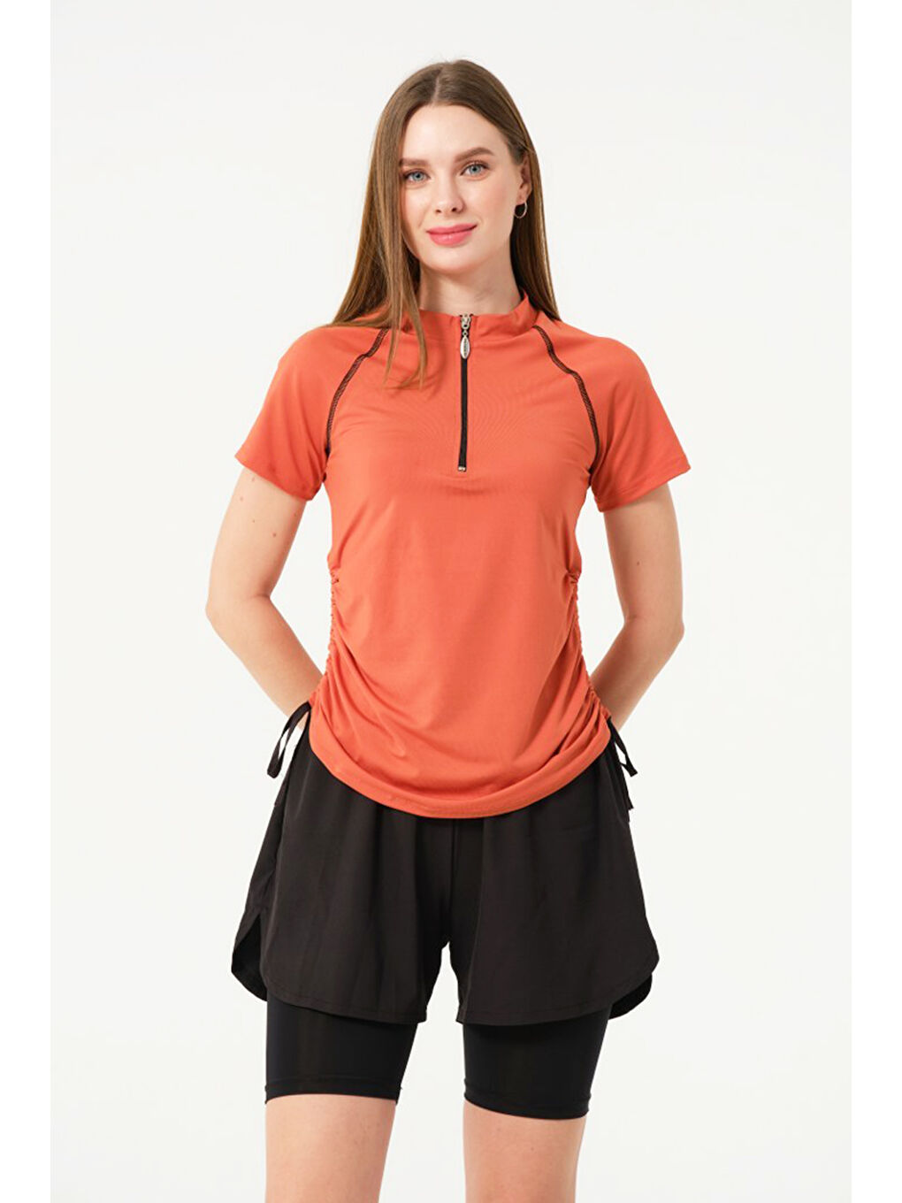 Kahverengi Kısa Kol Yarım Fermuarlı Şortlu Taytlı Yarı Kapalı Mayo 24156 Kiremit