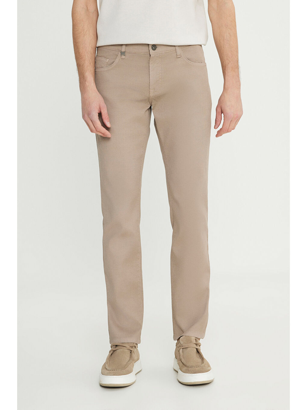 Erkek Bej Pamuklu Slim Fit Dar Kesim 5 Cep Armürlü Esnek Casual Pantolon
