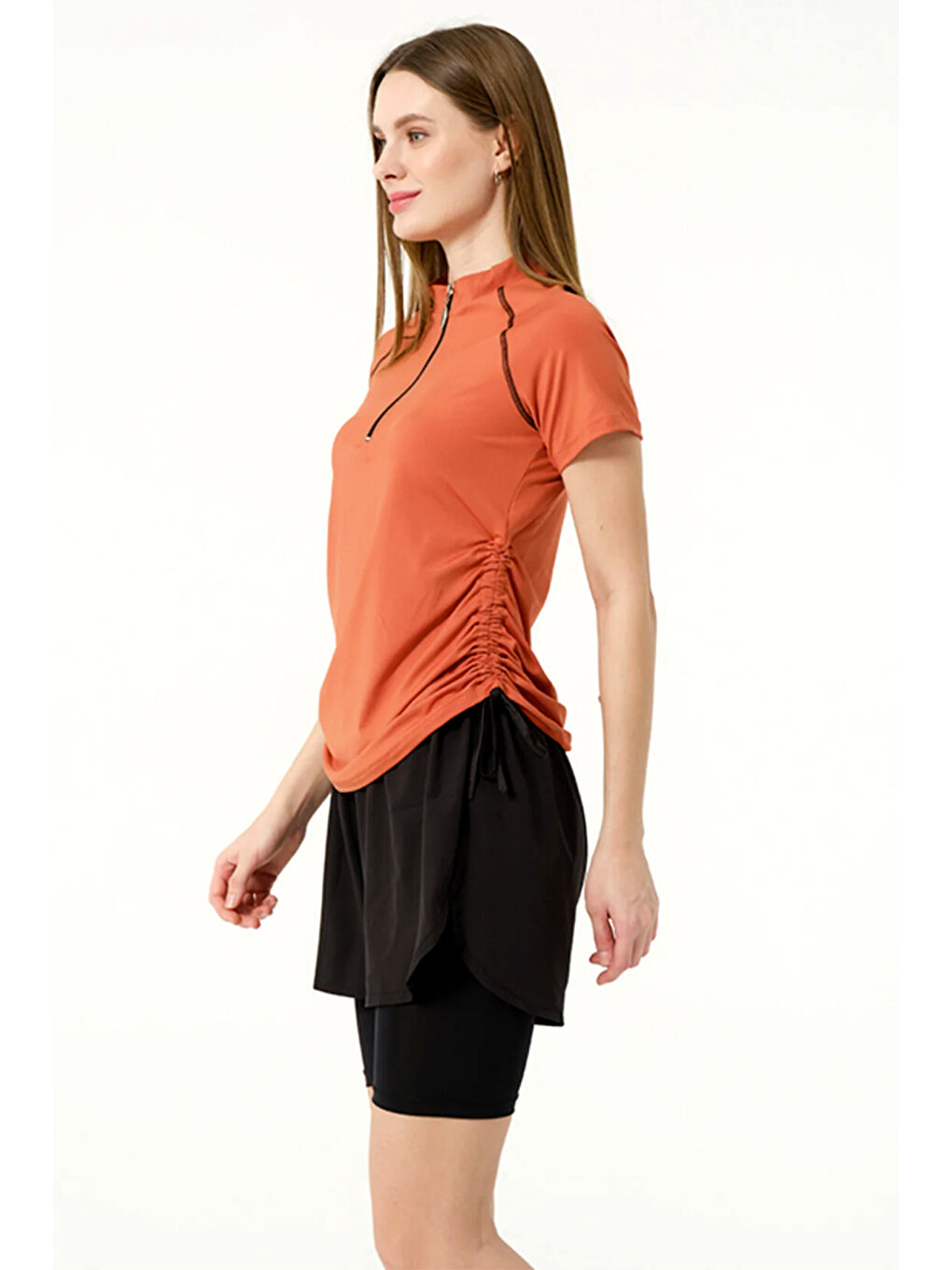 Kahverengi Kısa Kol Yarım Fermuarlı Şortlu Taytlı Yarı Kapalı Mayo 24156 Kiremit-1