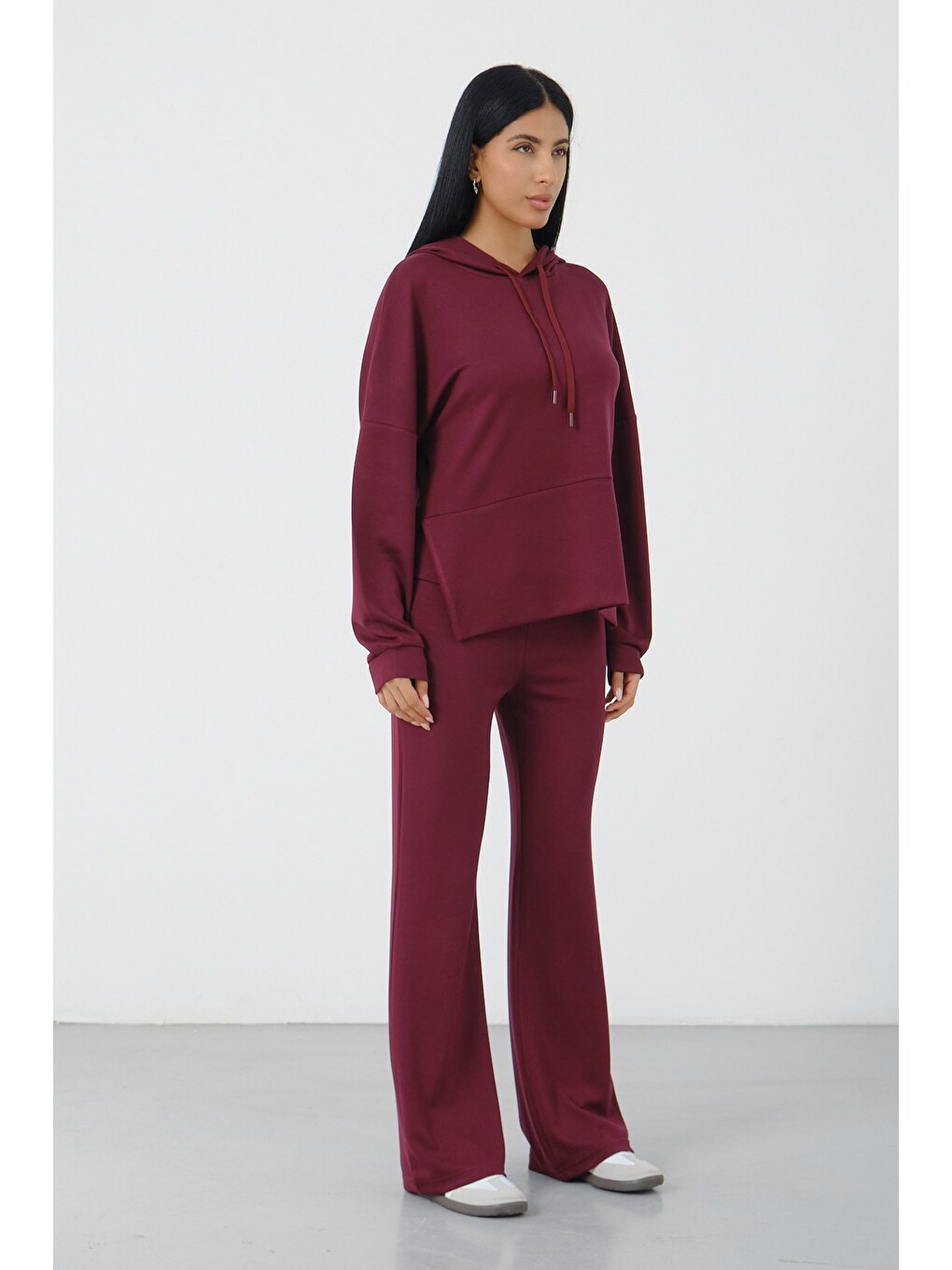 Bordo Kadın Kapüşonlu Salaş Takım Oversize Sweat ve Geniş Paça Alt-1