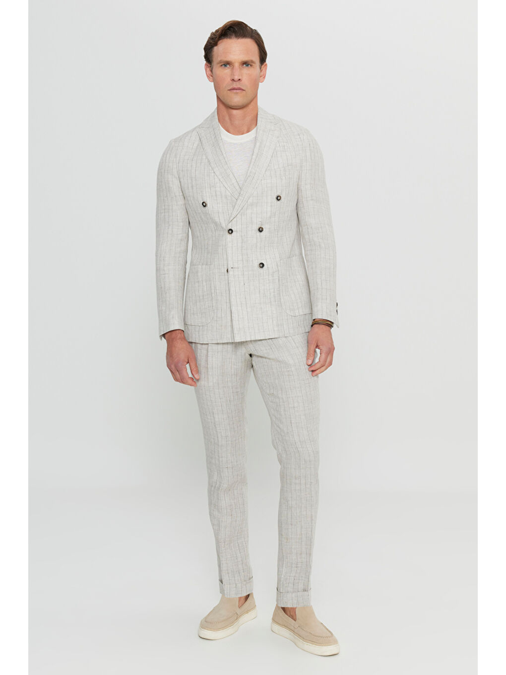 Erkek Bej %100 Keten Slim Fit Dar Kesim Kırlangıç Yaka Torba Cepli Kruvaze Takım Elbise-2