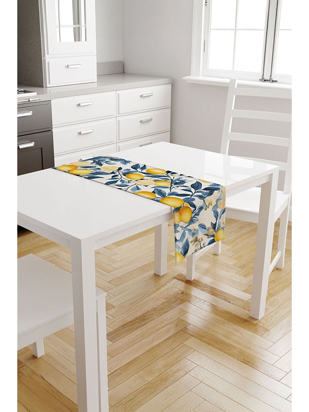 Solim Beyaz Zeminli Mavi Dalında Limon Çiçeği ve Limon Desenli Runner - Mavi/Beyaz/Sarı 40x140 cm-1