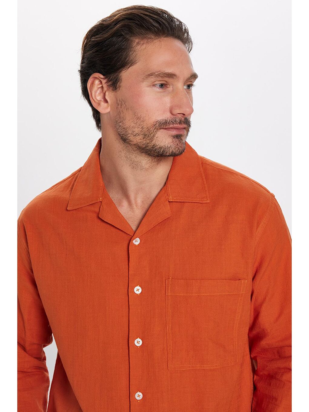 Kahverengi Erkek Relax Fit Rahat Kesim %100 Pamuk Keten Doku Apaş Yaka Kiremit Gömlek-1