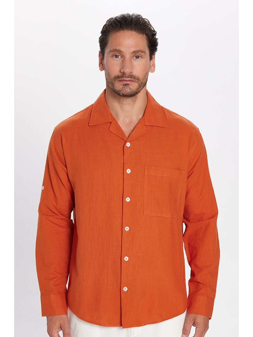 Kahverengi Erkek Relax Fit Rahat Kesim %100 Pamuk Keten Doku Apaş Yaka Kiremit Gömlek-2